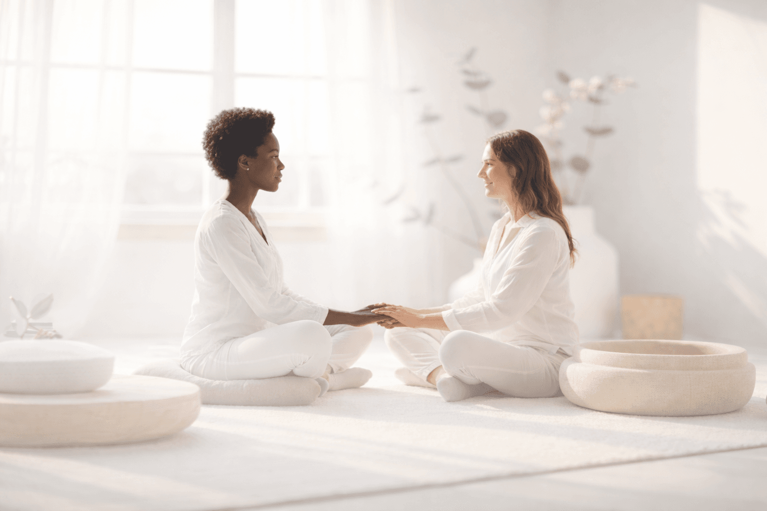 Three diverse women are laughing and talking together in a supportive environment.