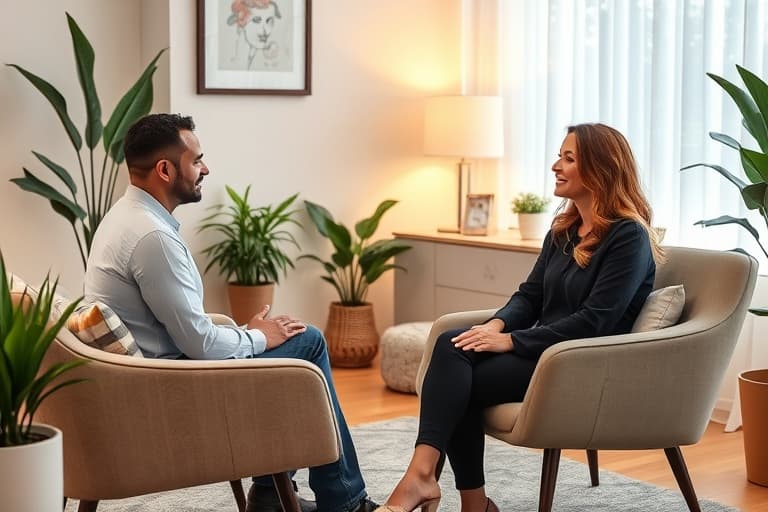 A man and a woman having a one-on-one therapy session in a calm, well-lit room.
